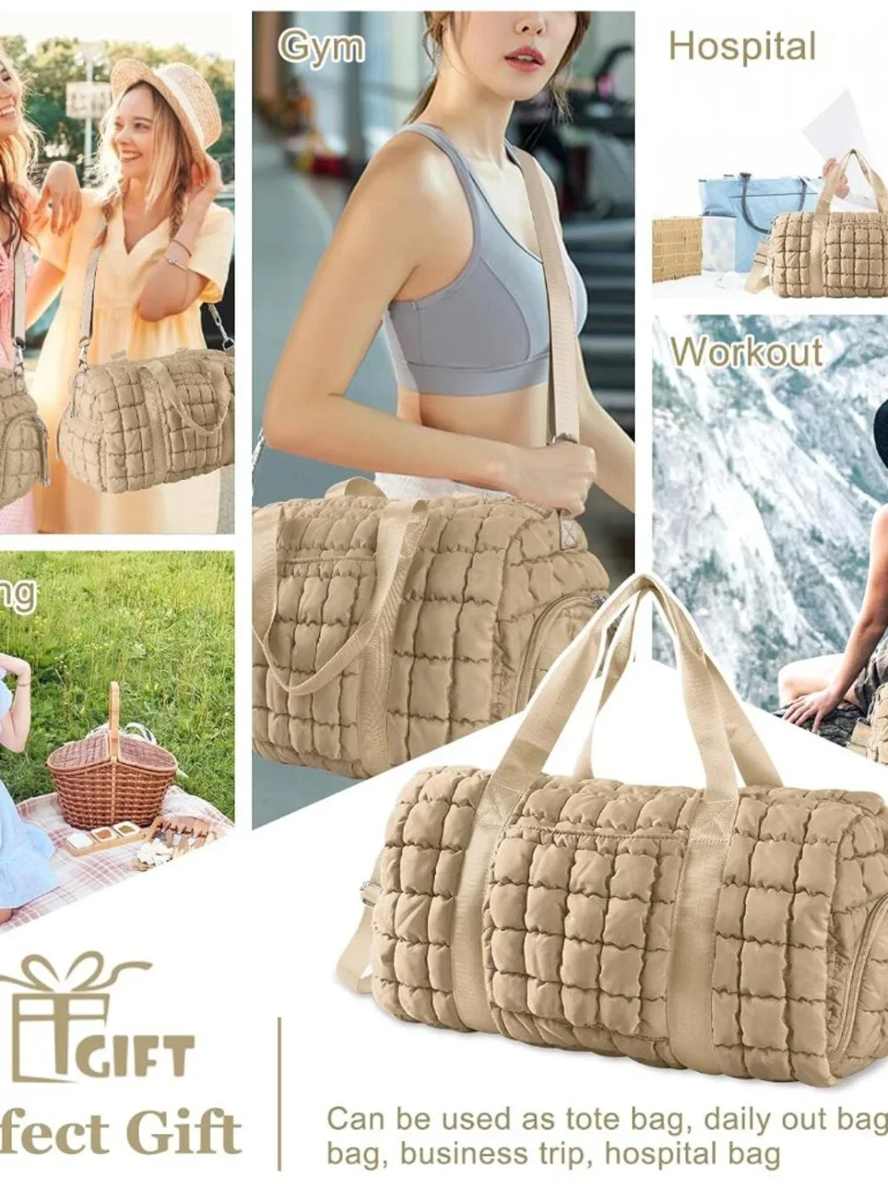 Quilted Travel Duffle Bag Gym Bag for Women,Large Puffer Duffle Weekender Bag wi_7